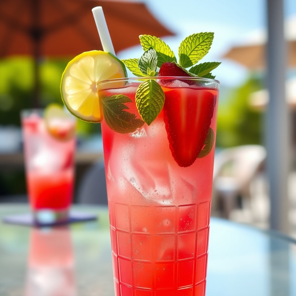 A glass of strawberry tonic cocktail garnished with mint and lime, on a sunny outdoor table.